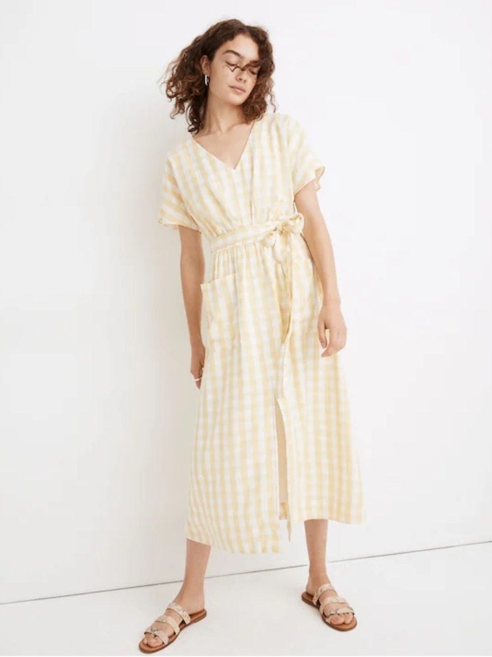 Madewell Dolman Sleeve Tie Waist Midi Dress in Gingham Check